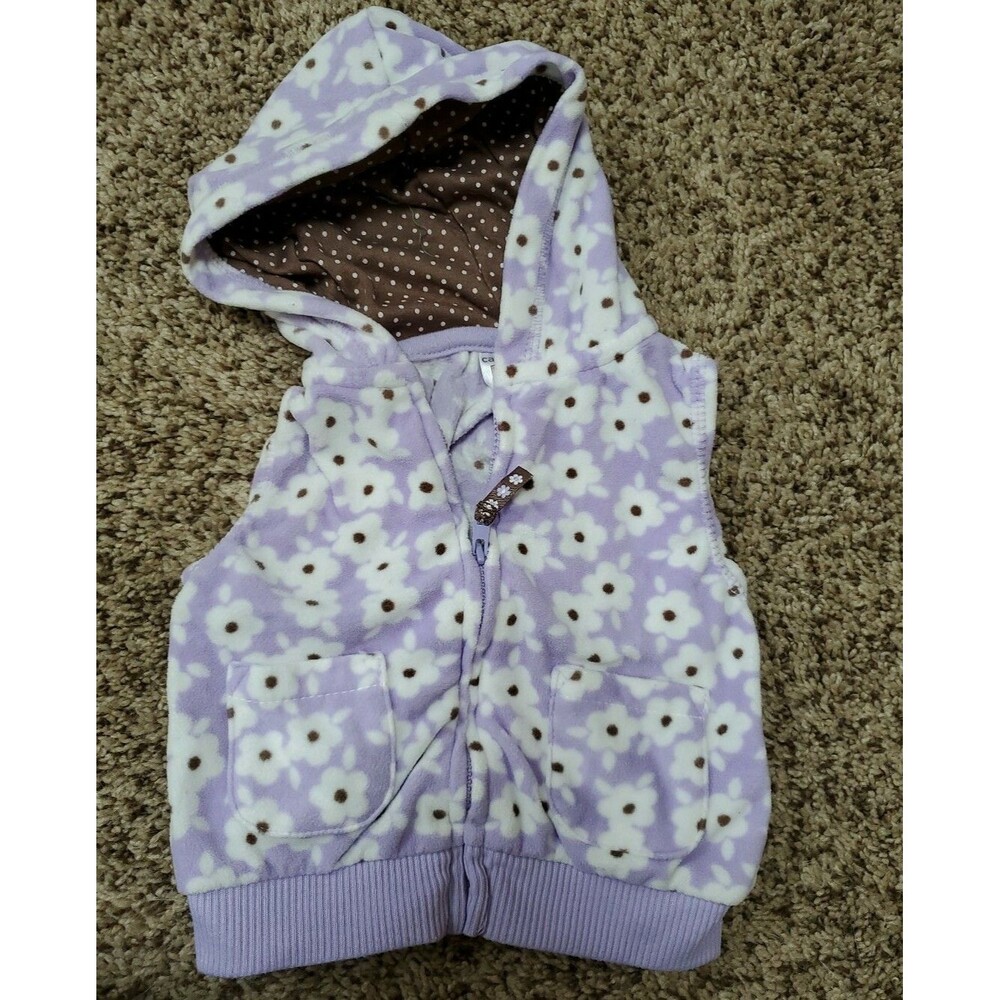 Girl's Carter's 9 month purple white flowers hooded sleeveless fleece coat